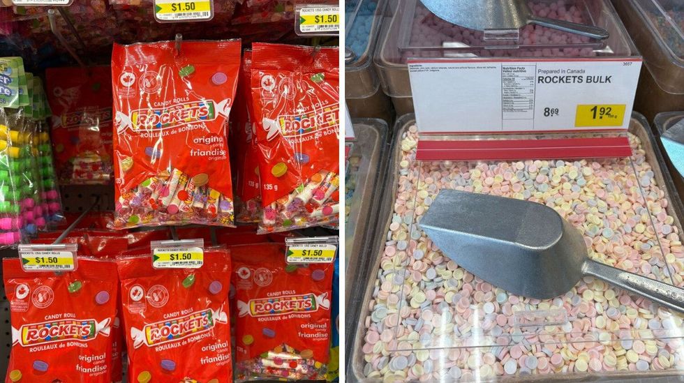 bags of rockets at dollarama. right: bin of rockets at bulk barn