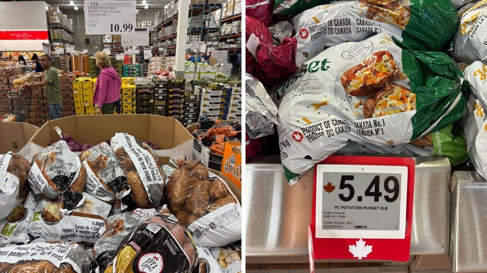 bags of russet potatoes at costco. right: bags of russet potates at loblaws