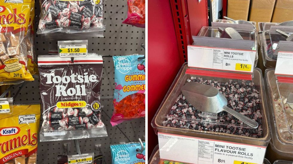 bags of tootsie rolls at dollarama. right: bin of tootsie rolls at bulk barn
