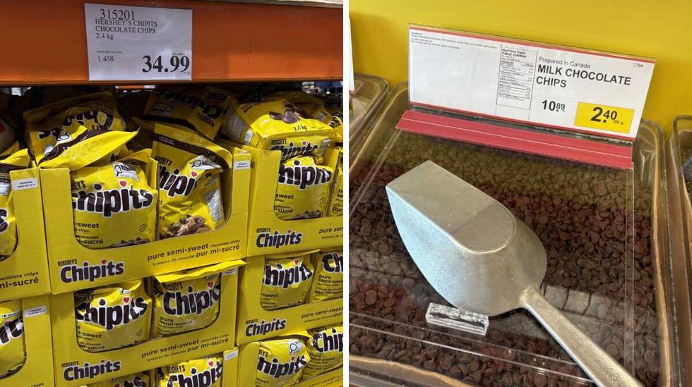bags of \u200b\u200bChipits chocolate chips at Costco. Right: bin of Milk chocolate chips at Bulk Barn.