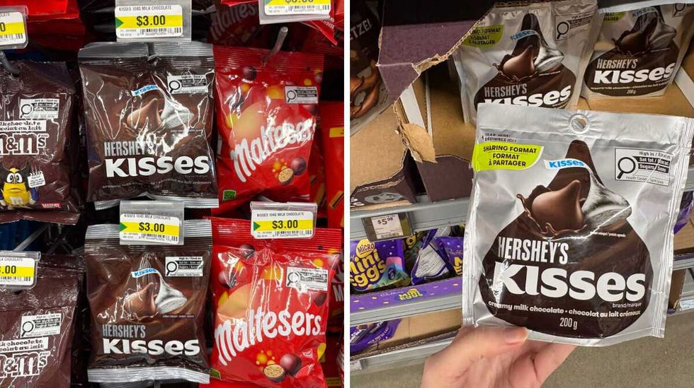 bags of \u200b\u200bHershey's Kisses at Dollarama. Right: person holding bag of Hershey's Kisses at Walmart.