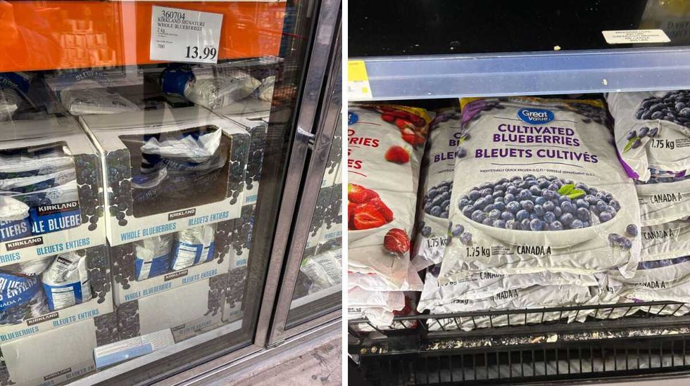 bags of \u200b\u200bKirkland Signature frozen blueberries. Right: bags of Great Value frozen blueberries.