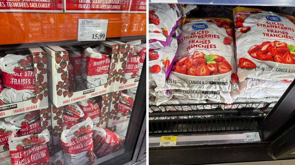 bags of \u200b\u200bKirkland Signature frozen strawberries. Right: bags of Great Value frozen strawberries.
