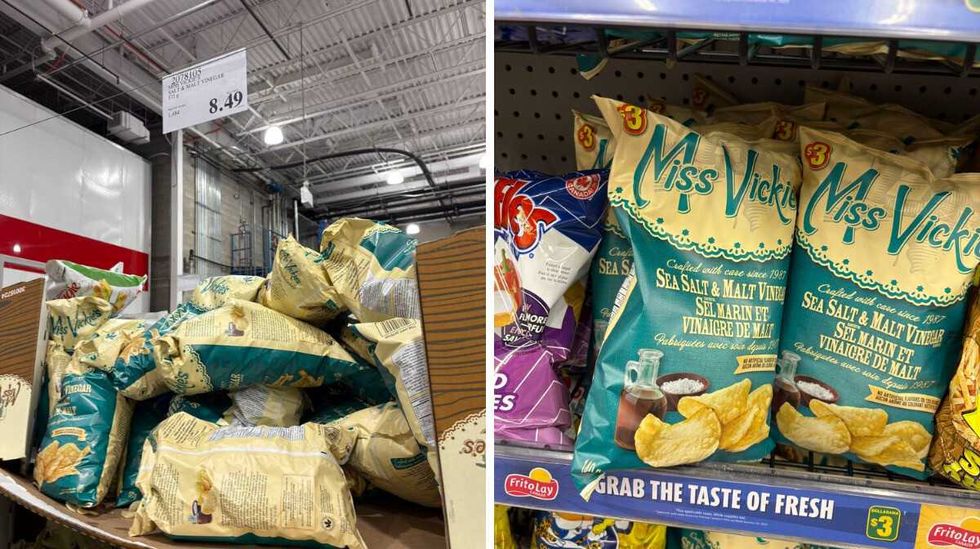 bags of \u200b\u200bMiss Vickie's chips at Costco. Right: bags of Miss Vickie's chips at Dollarama
