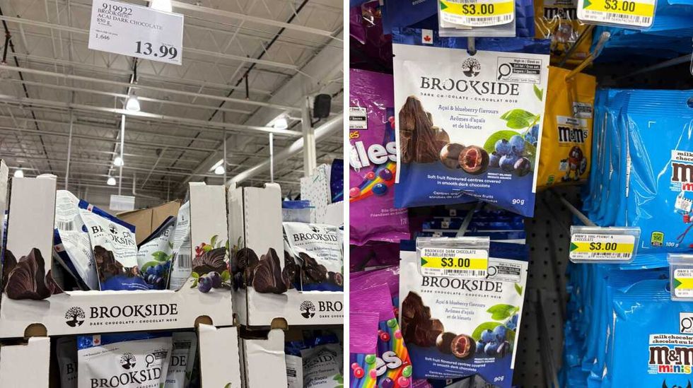bags of \u200bBrookside chocolates at Costco. Right: bags of Brookside chocolates at Dollarama.