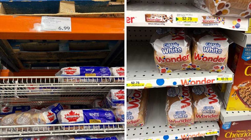 bags of \u200bDempster's bread at Costco. Right: bags of Wonder bread at Dollarama