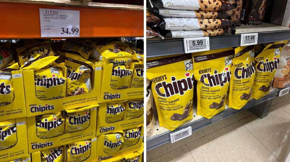 bags of \u200bHershey's Chipits chocolate chips at Costco. Right: bags of Hershey's Chipits chocolate chips at Loblaws.
