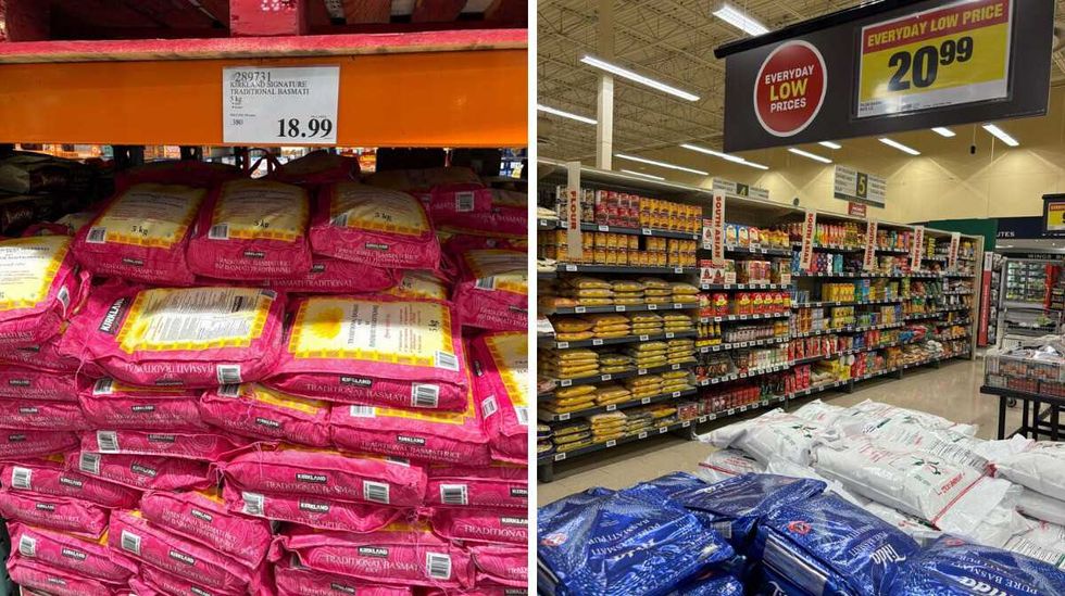 bags of \u200bKirkland Signature basmati rice at Costco. Right: bags of Tilda basmati rice at Loblaws
