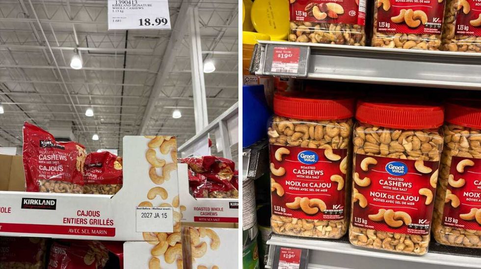 bags of \u200bKirkland Signature cashews. Right: tubs of Great Value cashews.