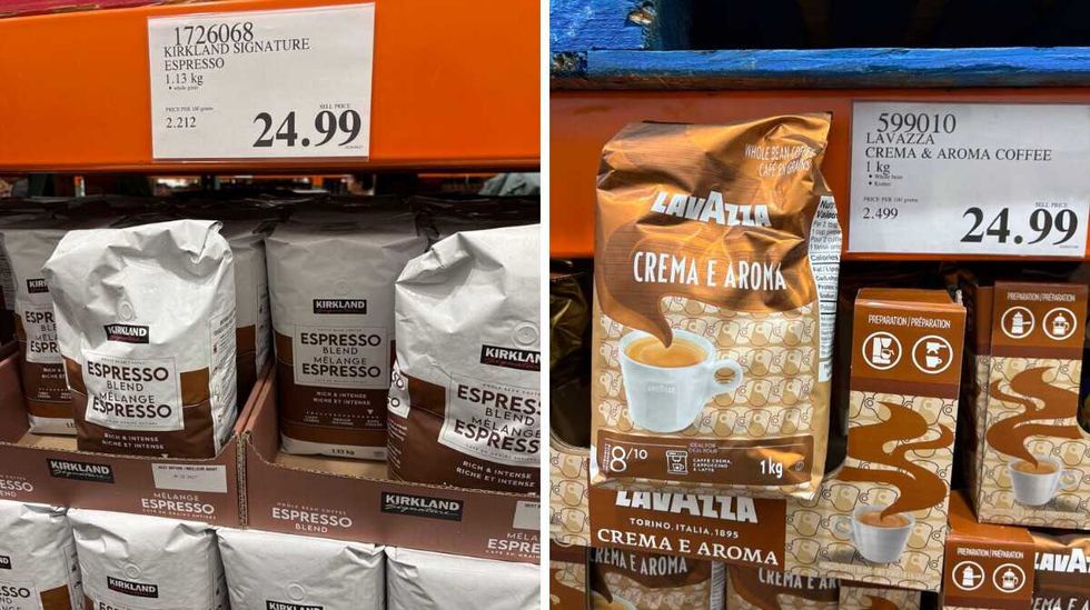bags of \u200bKirkland Signature espresso beans. Right: bags of Lavazza espresso beans at Costco.