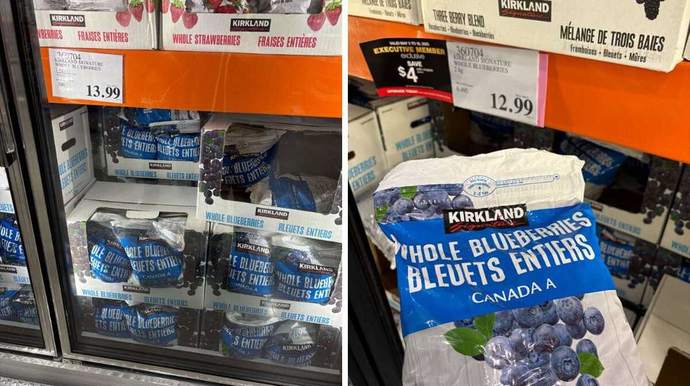 bags of \u200bKirkland Signature frozen blueberries. Right: bag of Kirkland Signature frozen blueberries in 2025.