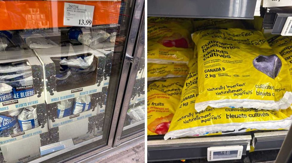 bags of \u200bKirkland Signature frozen blueberries. Right: bags of No Name frozen blueberries.