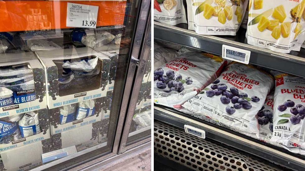 bags of \u200bKirkland Signature frozen blueberries. Right: bags of President's Choice frozen blueberries