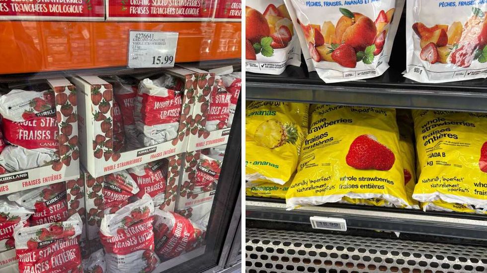 bags of \u200bKirkland Signature frozen strawberries in freezer at costco. Right: bags of No Name frozen strawberries in freezer at Loblaws