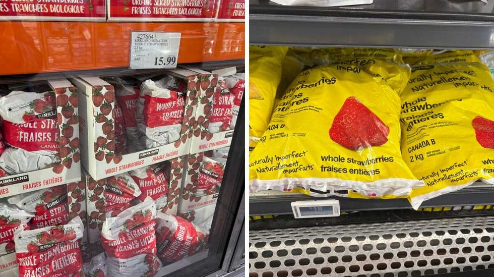 bags of \u200bKirkland Signature frozen strawberries. Right: bags of No Name frozen strawberries.