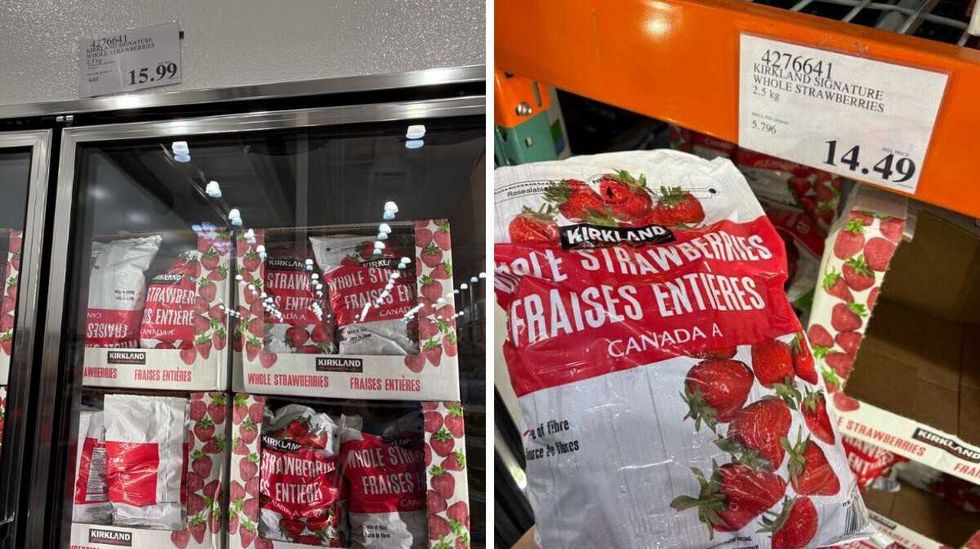 bags of \u200bKirkland Signature frozen whole strawberries. Right: bag of Kirkland Signature frozen whole strawberries in 2025.