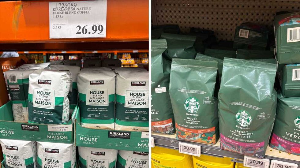 bags of \u200bKirkland Signature house blend coffee. Right: bags of Starbucks house blend coffee at Loblaws.