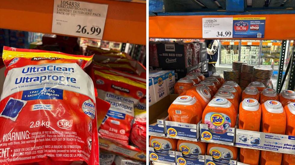 bags of \u200bKirkland Signature laundry detergent pods. Right: packs of Tide Pods at Costco.