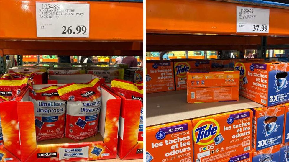 bags of \u200bKirkland Signature laundry detergent pods. Right: packs of Tide Pods at Costco.