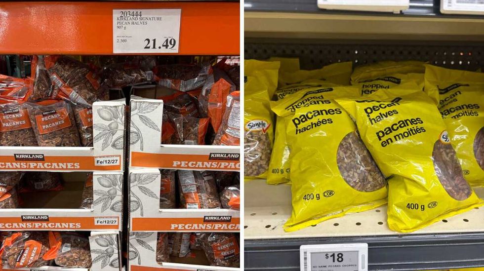 bags of \u200bKirkland Signature pecan halves. Right: bags of No Name pecan halves.