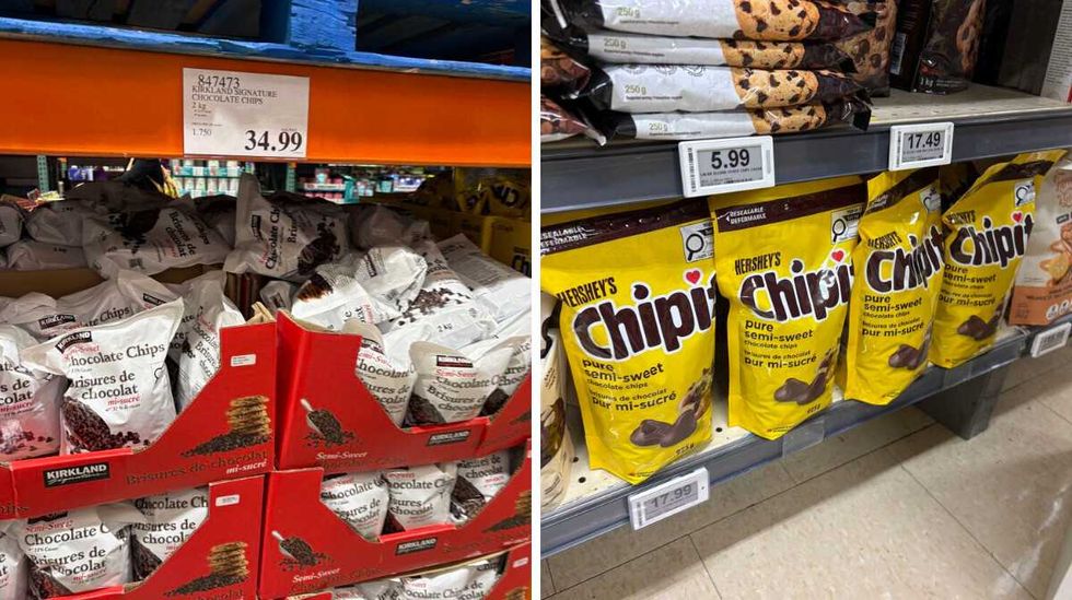 bags of \u200bKirkland Signature semi-sweet chocolate chips. Right: bags of Chipits semi-sweet chocolate chips at Loblaws.