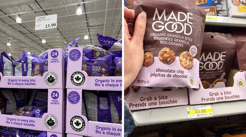 bags of \u200bMade Good granola bites at Costco. Right: bags of Made Good granola bites at Dollarama.