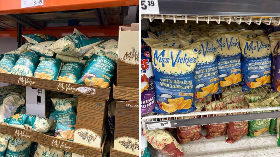 bags of \u200bMiss Vickie's chips at Costco. Right: bags of Miss Vickie's chips at Loblaws
