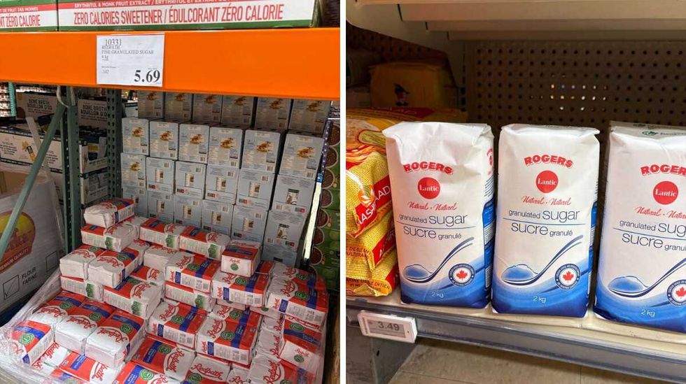 bags of \u200bRedpath granulated sugar at Costco. Right: bags of Rogers granulated sugar at Loblaws.