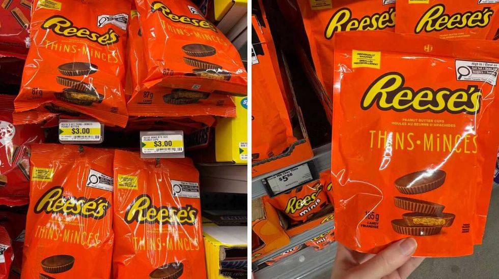 bags of \u200bReese's Thins at Dollarama. Right: person holding bag of Reese's Thins at Walmart.