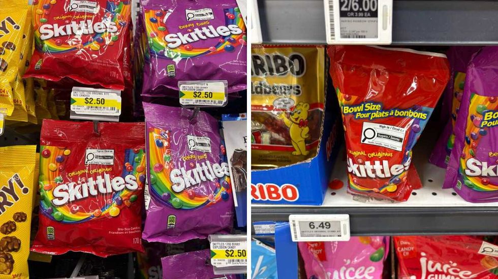 bags of \u200bSkittles at Dollarama. Right: bag of Skittles at Loblaws.