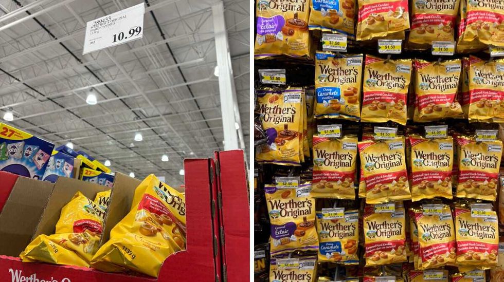 bags of Werther's Original at Costco. Right: bags of Werther's Original at Dollarama