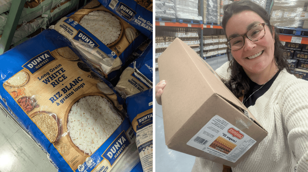 Bags of white rice and a smiling woman holding a pasta box in a store aisle.