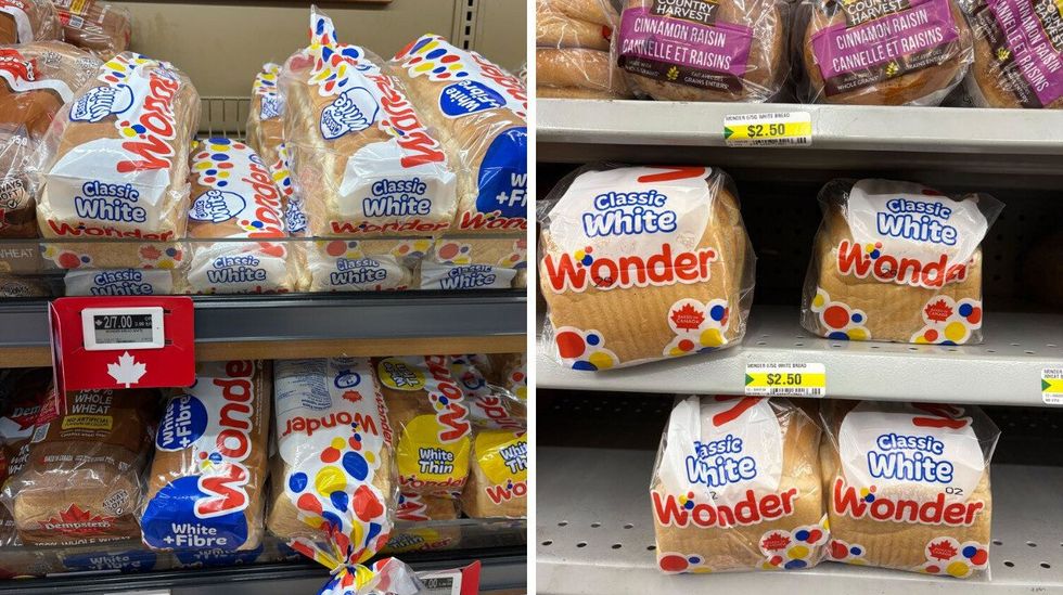 bags of wonder bread loaves on shelves at loblaws and dollarama