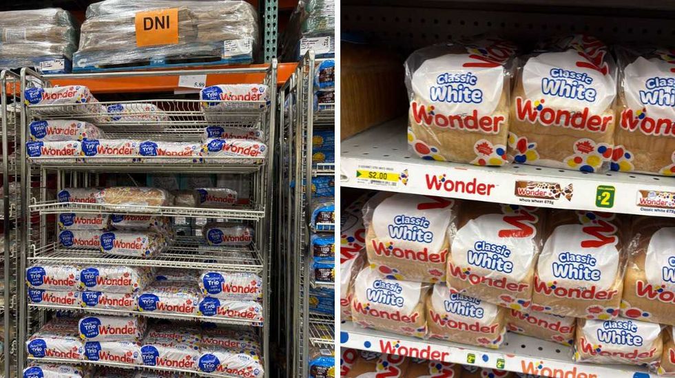 bags of wonder bread on racks at costco. right: bags of wonder bread on shelves at dollarama