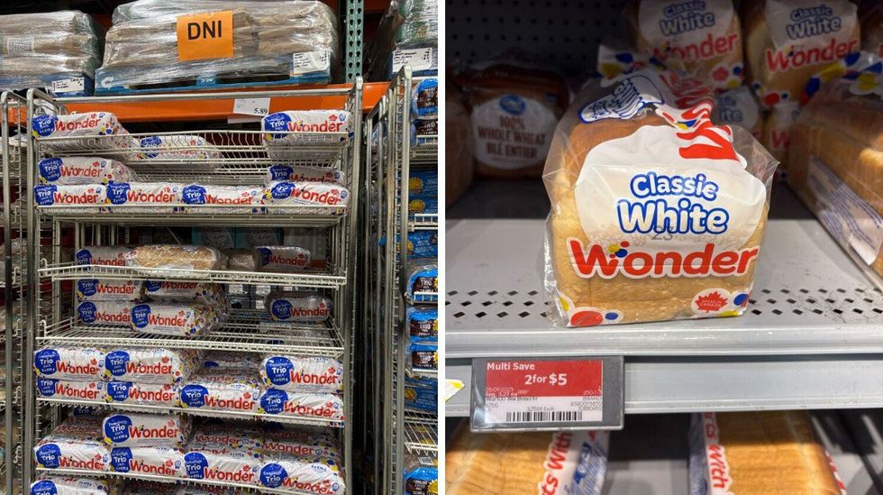 bags of wonder bread on racks at costco. right: loaf of wonder bread on shelf at walmart