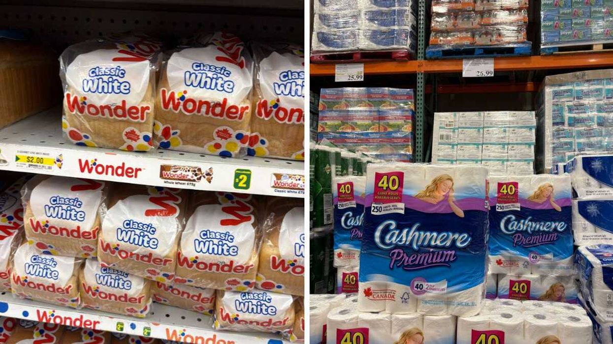 bags of wonder bread on shelves at dollarama. right: packs of cashmere toilet paper at costco