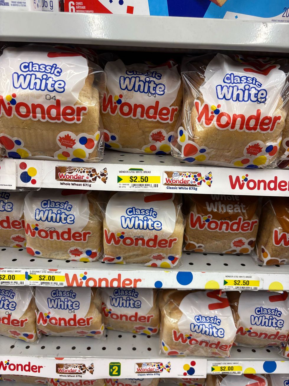 bags of wonder bread on shelves at dollarama