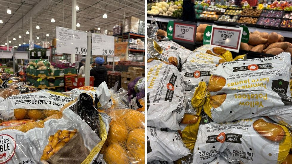 bags of yellow potatoes at costco. right: bags of yellow potatoes at walmart