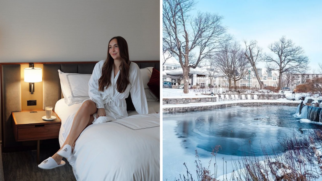 Bailey dans une chambre de l'hôtel Le Bonne Entente. Droite : Le jacuzzi de l'hôtel Le Bonne Entente à Québec.