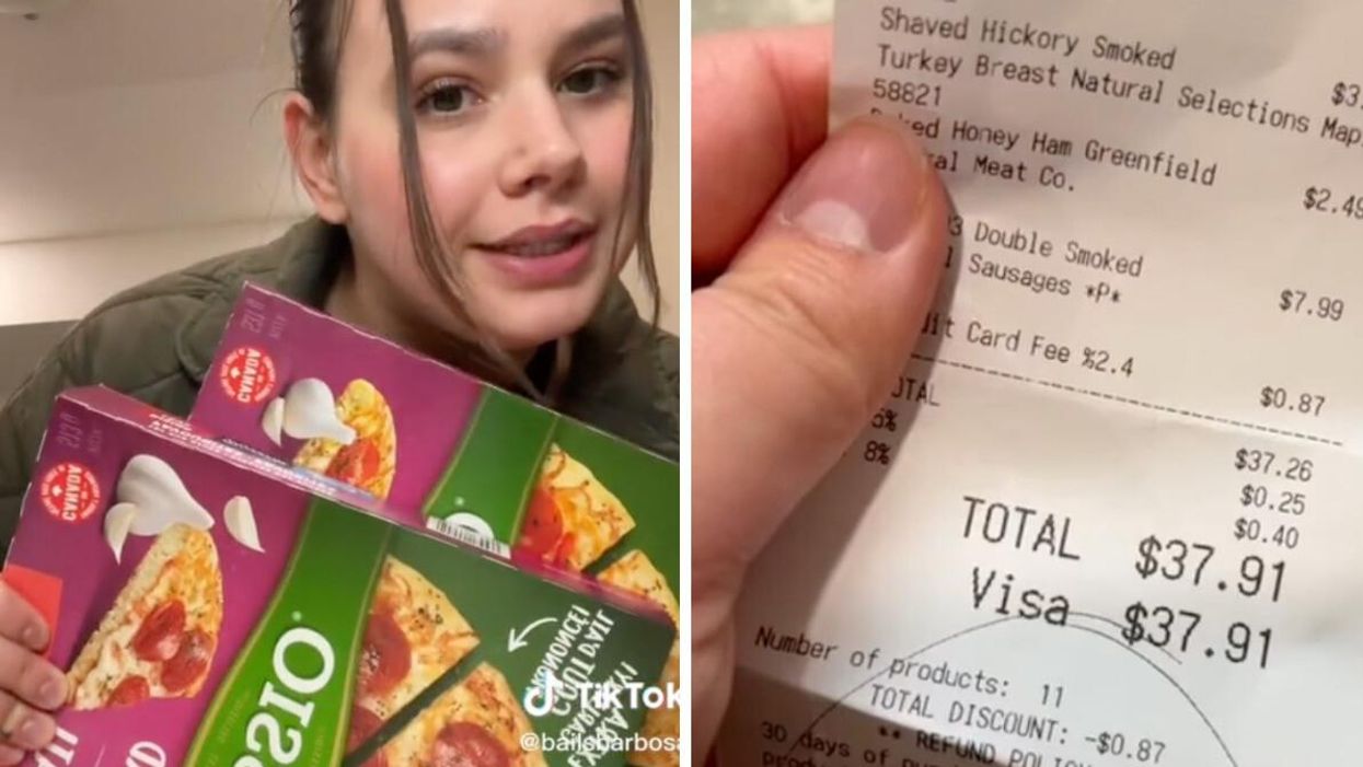 Bailey holding two frozen pizzas. Right: A receipt from The Grocery Outlet.