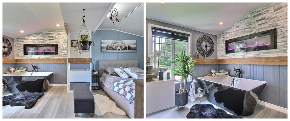 Bain et chambre. Droite : Bain.