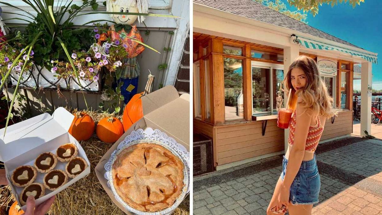 Baked goods. Right: A person standing by a cafe.