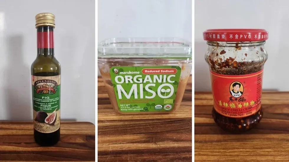 Balsamic fig. Middle: Miso paste. Right: Chili crisp oil.