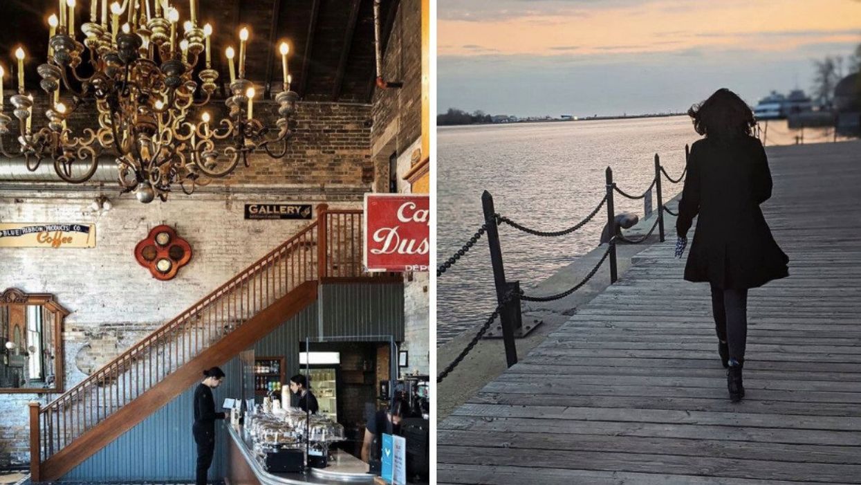 Balzac's Coffee Roasters. Right: Rhythm Sachdeva walking down Queen's Quay boardwalk.