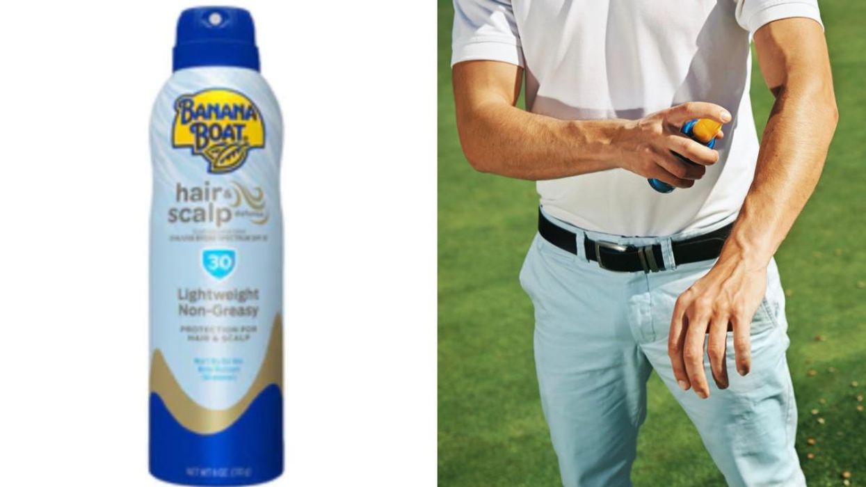 Banana Boat Hair & Scalp Sunscreen bottle. Right: Man applying sunscreen.