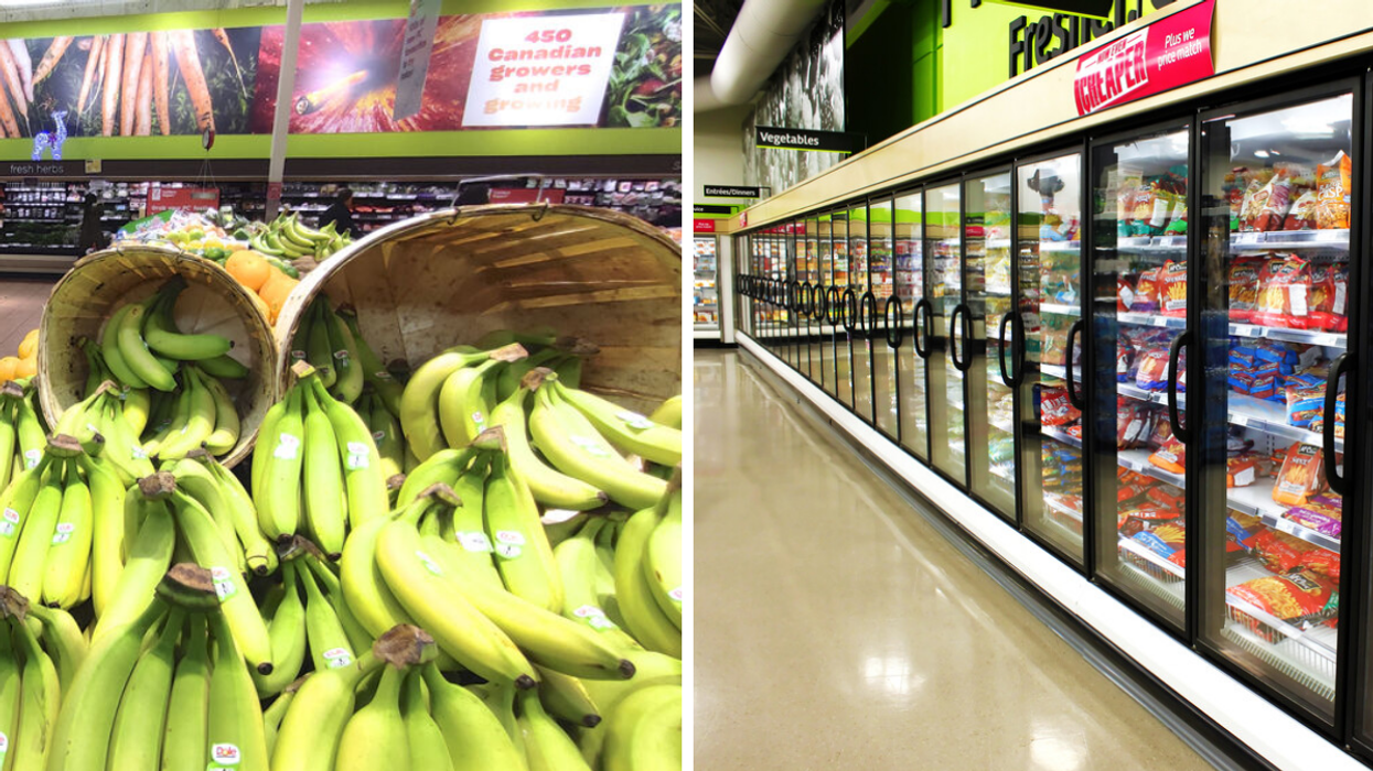 Bananas at a grocery store in Toronto. Right: The frozen section in a store.