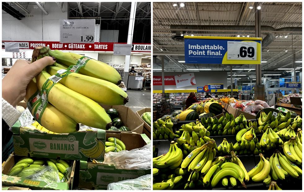 Bananes en vente au Costco. Droite : Bananes en vente au Maxi.