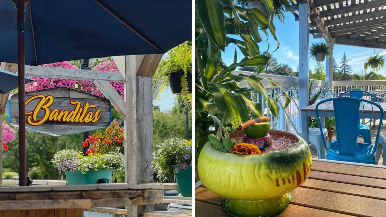 Banditos restaurant sign surrounded by colourful flowers on the Ottawa patio, Right: Tropical cocktail in a bowl on an outdoor table at Umbrella Bar's patio in Ottawa.