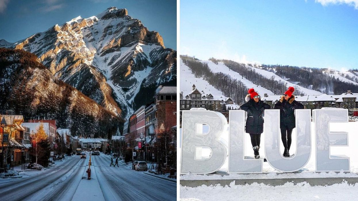 Banff, Alberta. Right: People pose at Blue Mountain Resort.