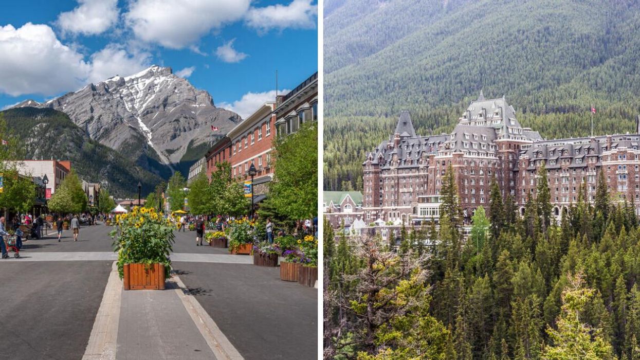 Banff Avenue. Right: The Fairmont Banff Springs Hotel.